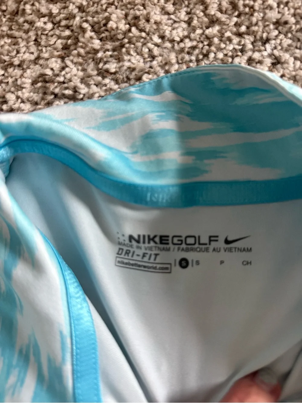 Nike Women’s Aqua and White Camo Short-Sleeve Button-Down Top
